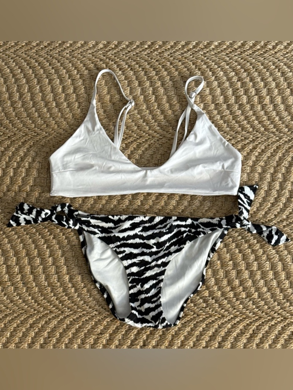Victorias Secret Small White Bikini Top Black White Zebra Print Tie-Side Bottom
